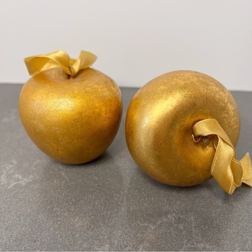 Pottery Barn gold foiled apple Christmas Holiday ornament set of 2
